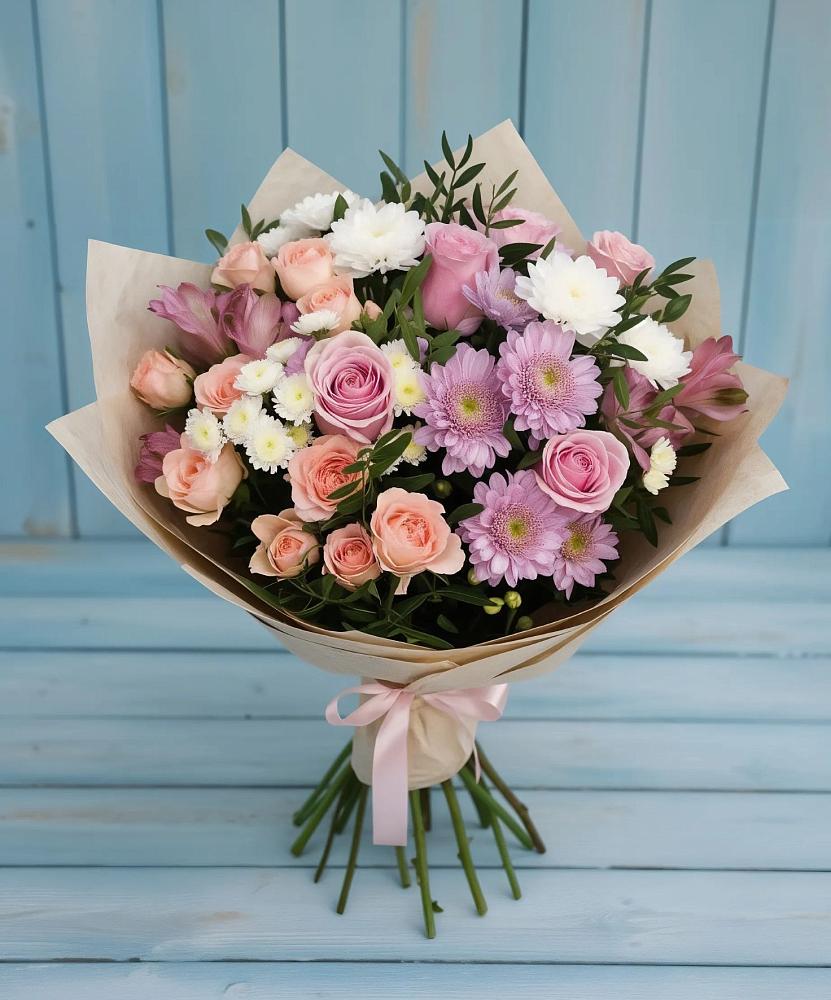 Букет цветов из: Хризантемы, Розы и Альстромерии в Бережки
