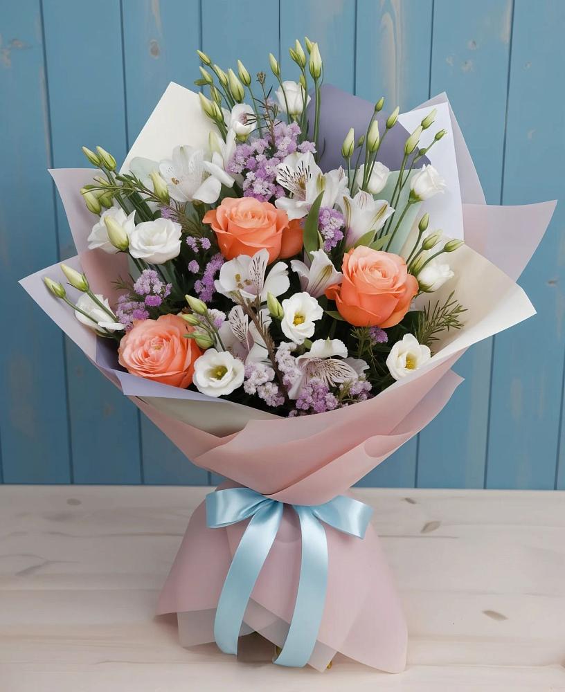 Букет цветов из: Лизиантусы, Розы, Альстромерии и Гипсофила в Бережки