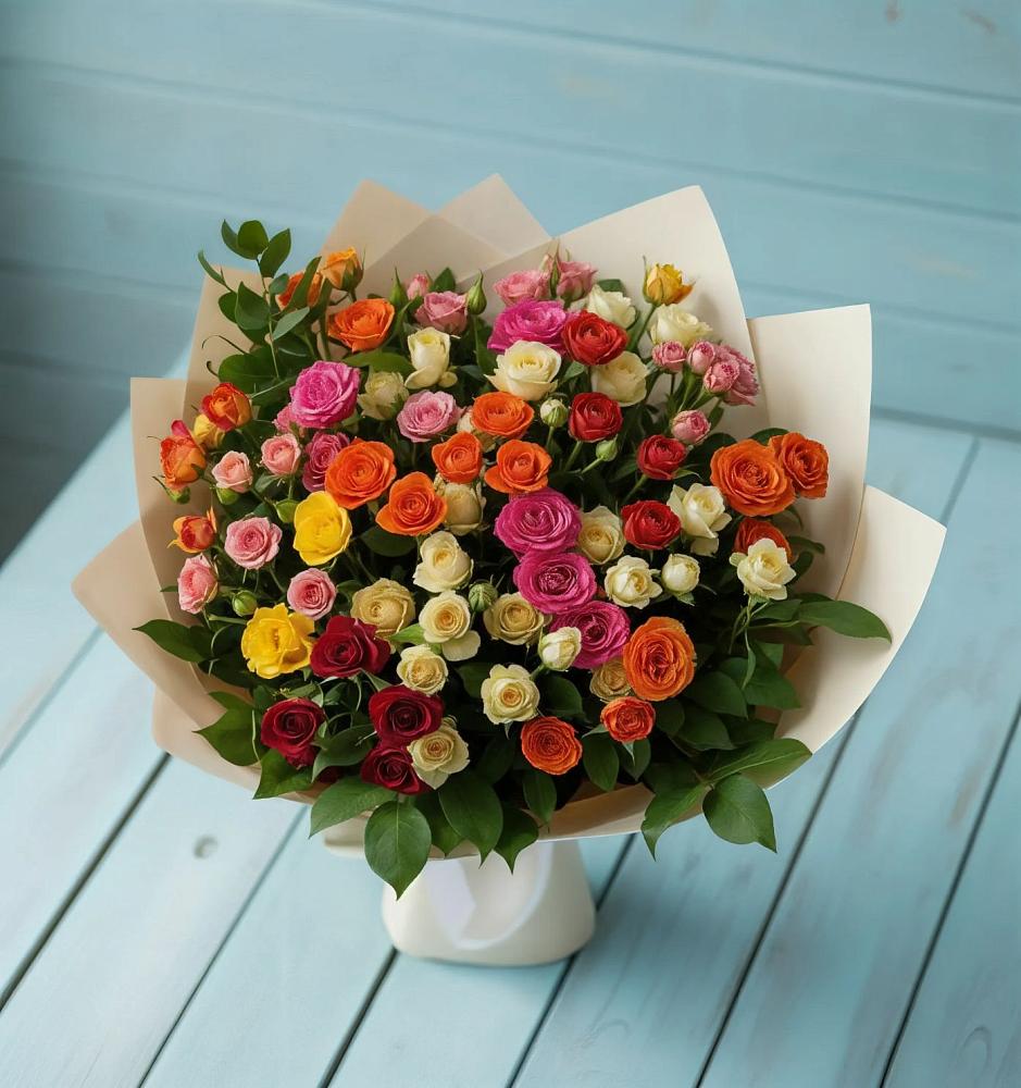 Букет Микс из разноцветных кустовых роз в Бережки