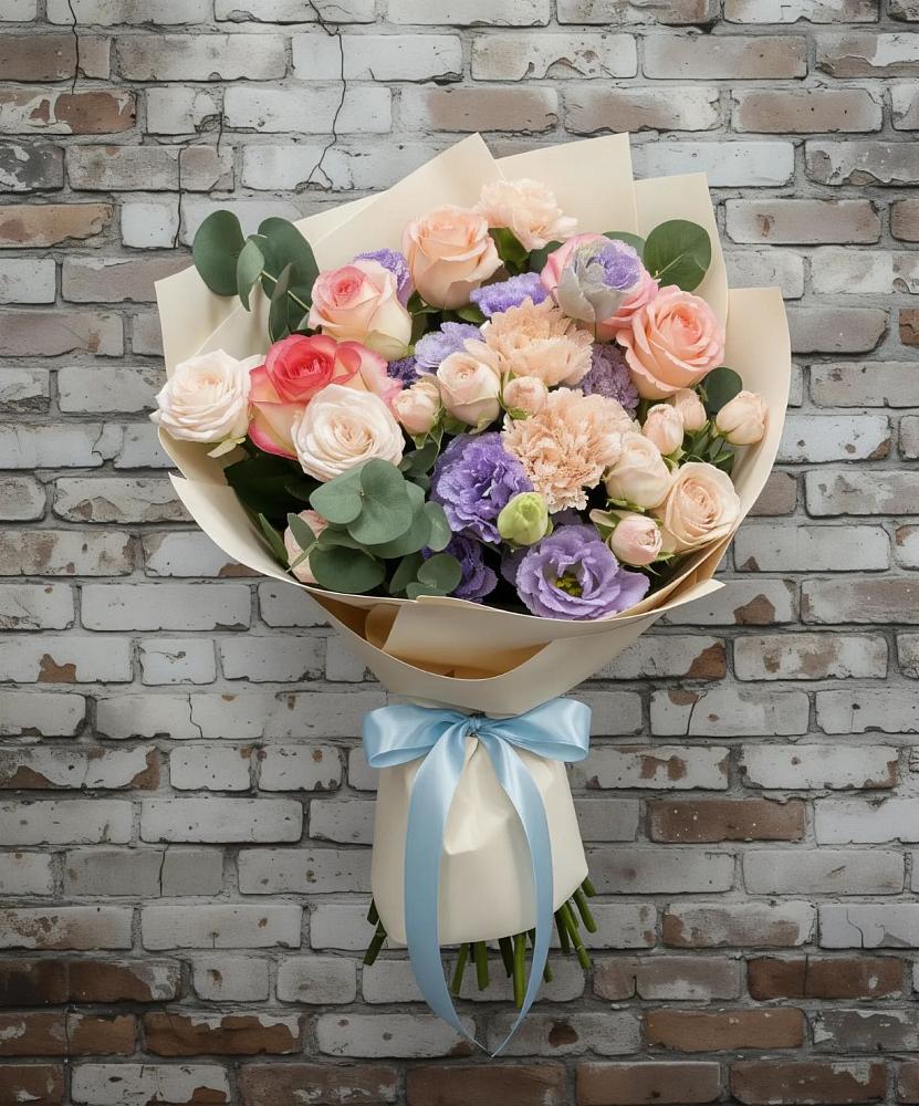 Букет цветов из: Розы, Лизиантусы и Гвоздики в Бережки