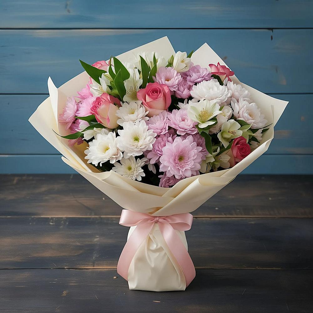 Букет цветов из: Хризантемы, Альстромерии и Розы в Бережки